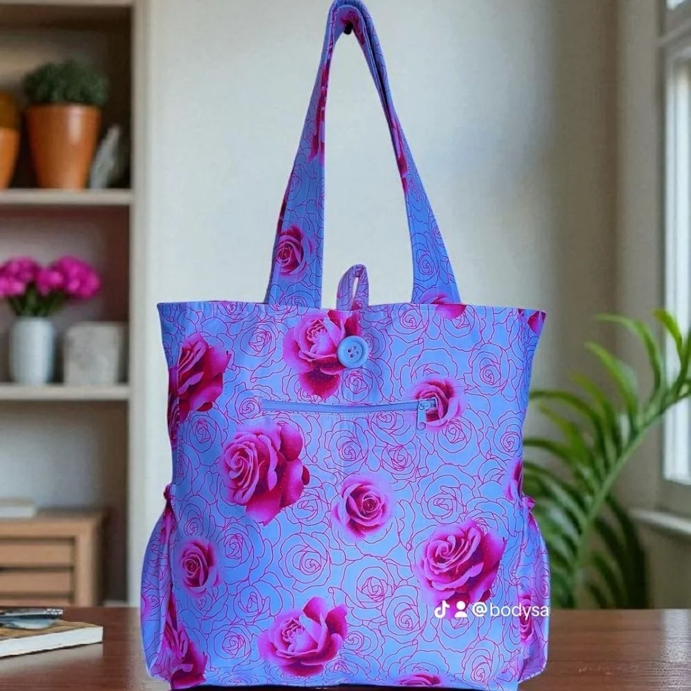 Elegant Blue and Pink Floral Tote Bag
